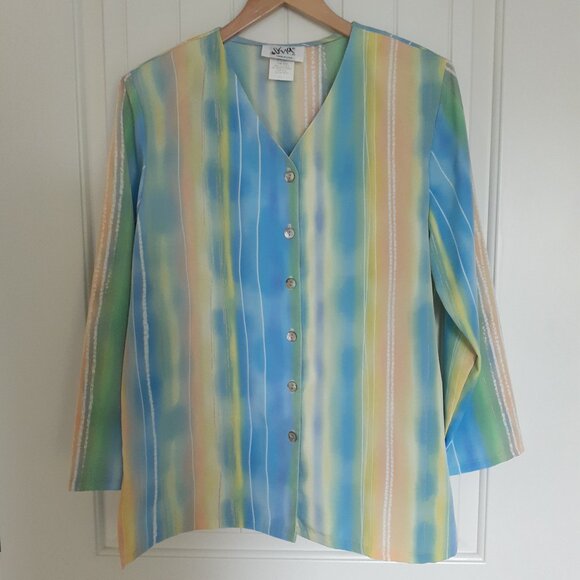 Vintage 80s Vera V-Neck Button Up Long Sleeve Stripe Top Pastels Blue Size 14 - Picture 13 of 13